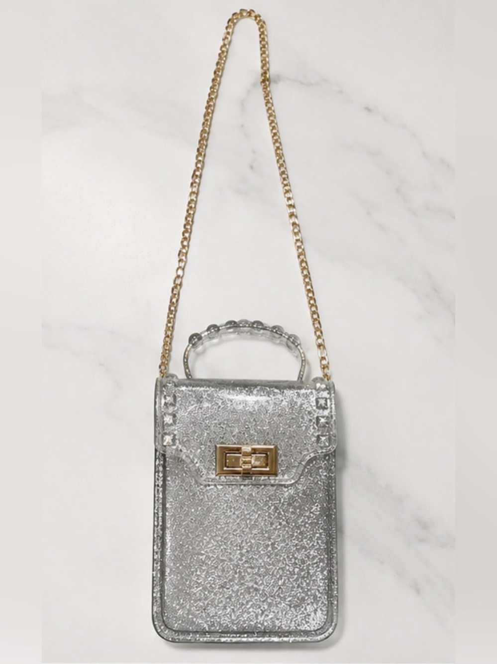 Wolf & Badger Silver Glitter Jelly Mini Crossbody Bag w Gold Chain